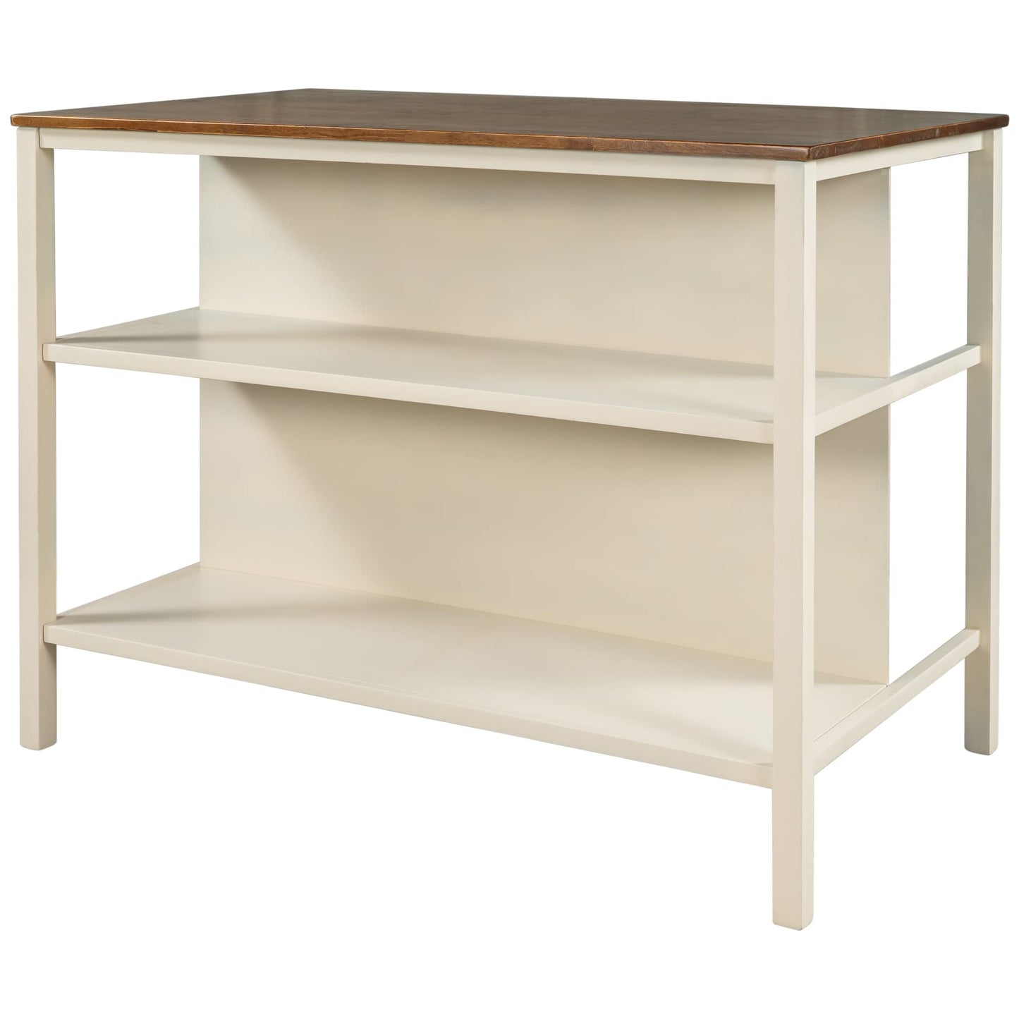 Polibi 3-Piece Kitchen Island Set with 2 Stools and 2 Shelves, Rustic Rubber Wood Dining Set Prep Table Set with Open Shelves for Small Places, Walnut+Cream White