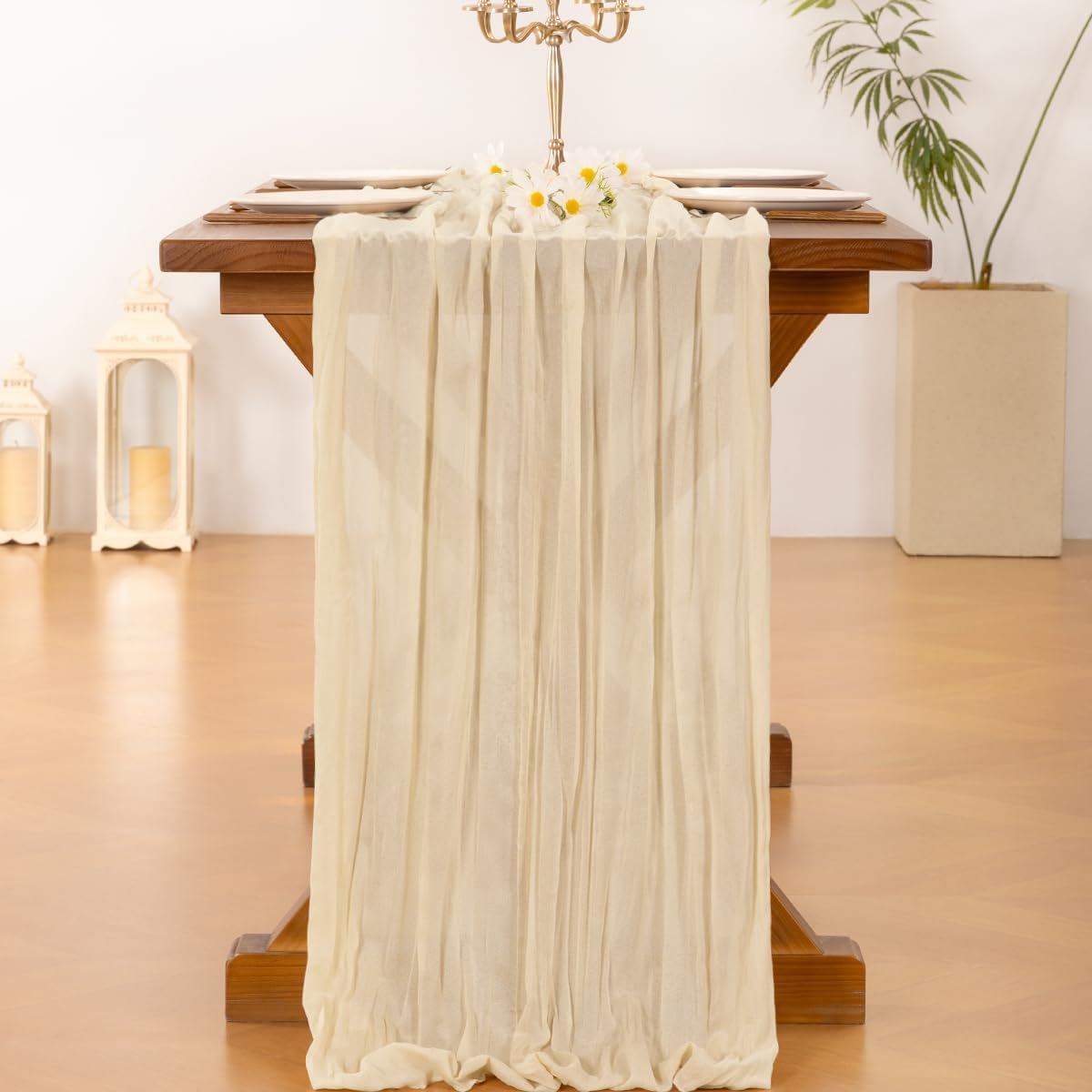 Socomi 3-Piece Beige Cheesecloth Table Runner - 120 Inch Boho Rustic Decor for Weddings & Events