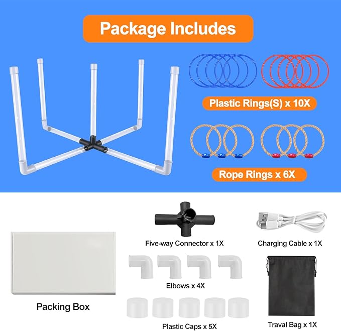 Outdoor Ring Toss Game, Upgraded 15-Inch Backyard and Lawn Games for Adults & Kids, Backyard Camping Sports Activities, Best Party Gifts for Ages 8-12+ Years Old, LED Ring Toss with Carry Case