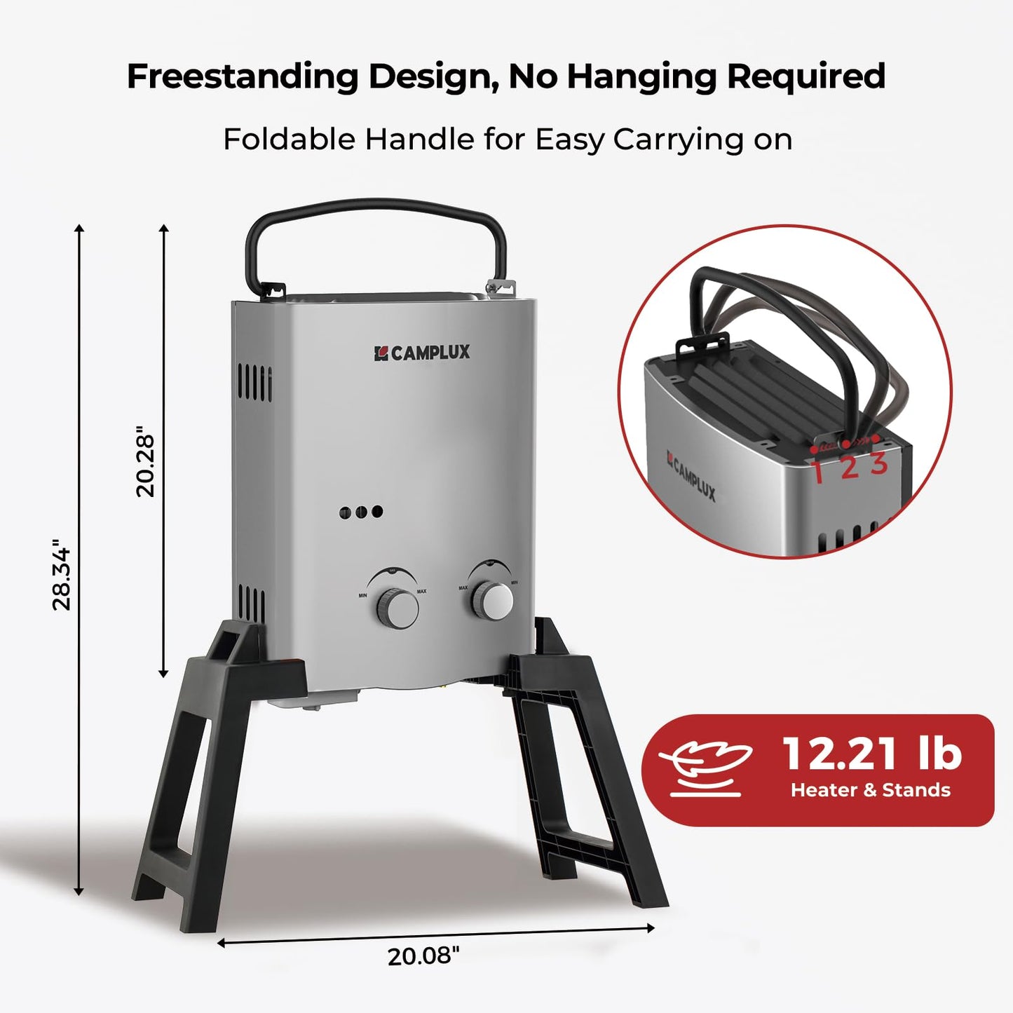 CAMPLUX 1.32 GPM Portable Outdoor Tankless Water Heater Propane Instant Hot Camping Shower Pump w/Freestanding Stand and Carry Bag, AY132GMax, Gray
