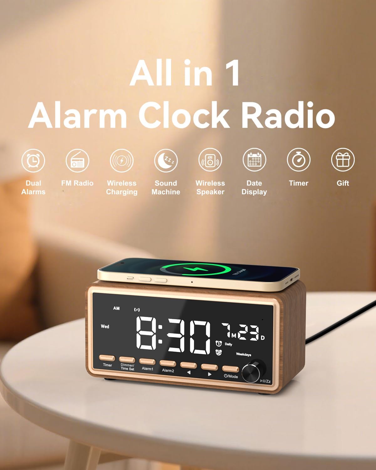 Charging,Dimmable Digital Alarm Clocks Radio for Bedrooms,FM Radio & White Noise Sound Machine with Timer,Bluetooth