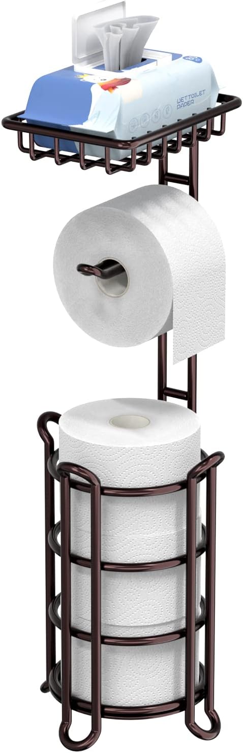 Regine Switzerland Toilet Paper Holder Stand - Stylish Tissue Roll Dispenser with Shelf | Bronze Finish