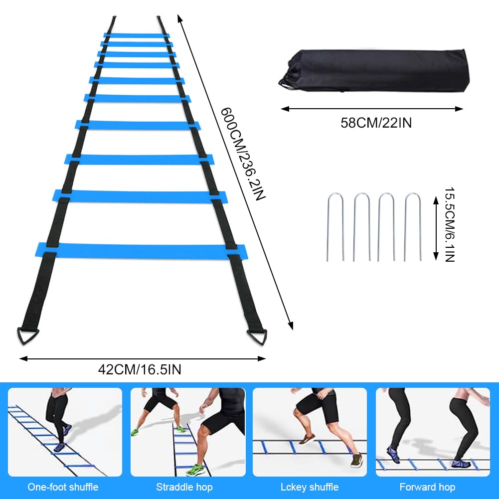 YGORTECH Soccer Training Equipment Set - 20FT Agility Ladder, 16 Soccer Cones, Speed and Agility Training Equipment for Indoor/Outdoor Practice Blue Ladder