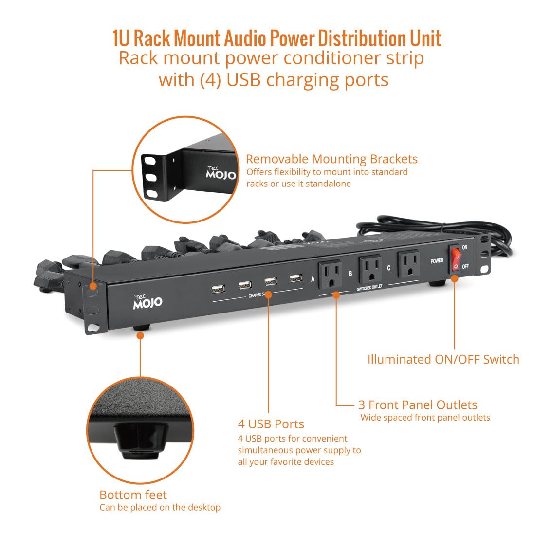 Tecmojo 1U Rack Mount 19 Outlet PDU Power Distribution Unit Power Strip Circuit Breaker fits 19-inch AV/Network/Server Cabinet/Closet/Enclosure