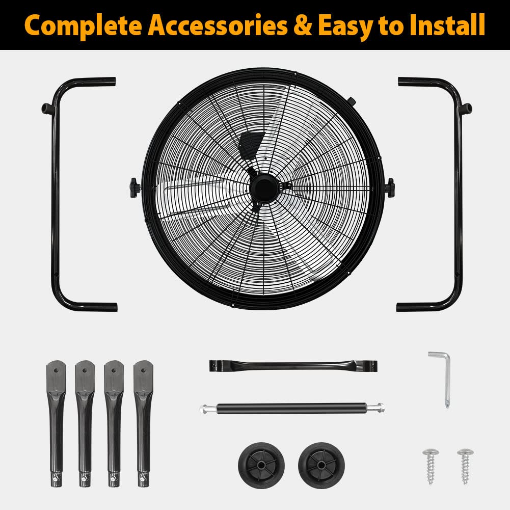 LifePlus 24 Inch Industrial Drum Fan, High Velocity Floor Fan, 3 Speed Heavy Duty Metal Air Circulator, 360° Tilt with Casters Handle ETL Standard for Patios, Warehouse, Commercial, 8900 CFM