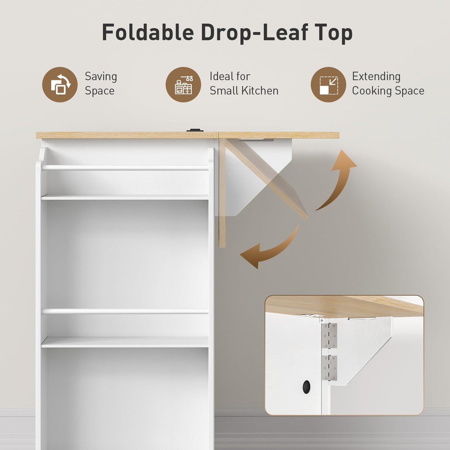 RALGEND Kitchen Island with Power Outlets & Drop Leaf, Rolling Kitchen Cart on Wheels, Kitchen Storage Island with Spice Rack and Drawer, Mobile Island Table for Kitchen, Dinning, White and Natural
