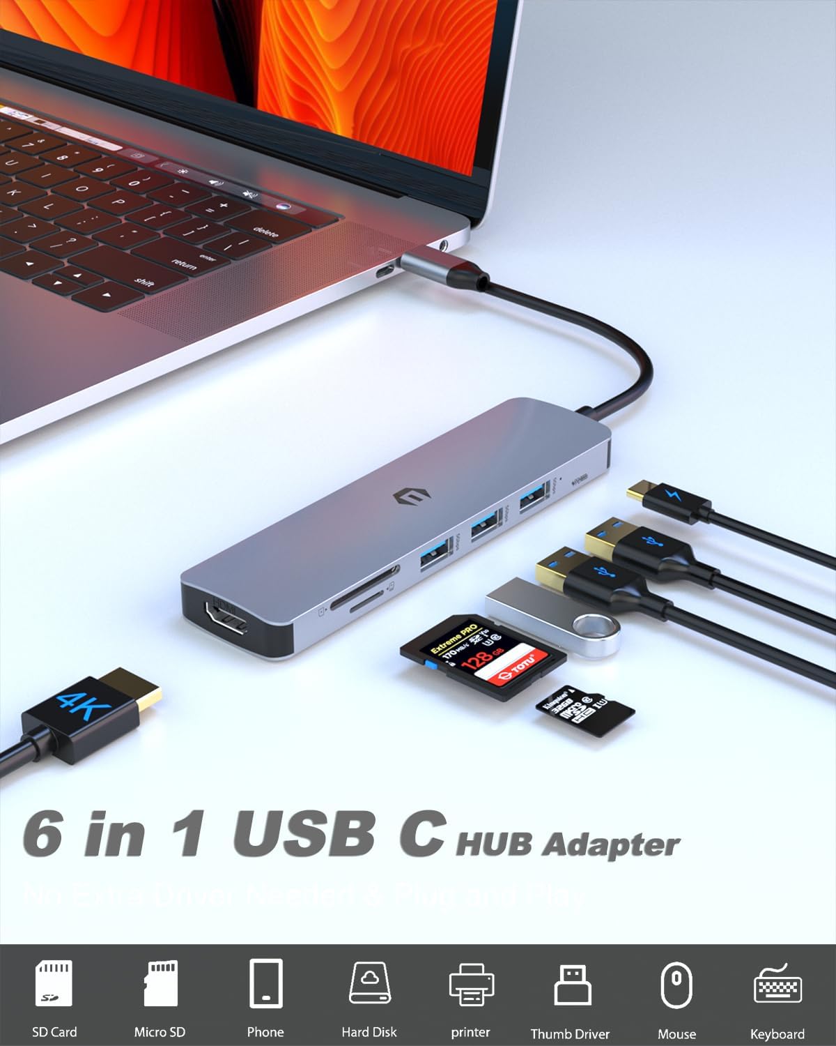 SUTOUG 6-in-1 4K 3.0/2.0 Docking Station USB C Hub with HDMI Adapter, USB Ports, SD/TF Card Reader, Dual Monitor Type C