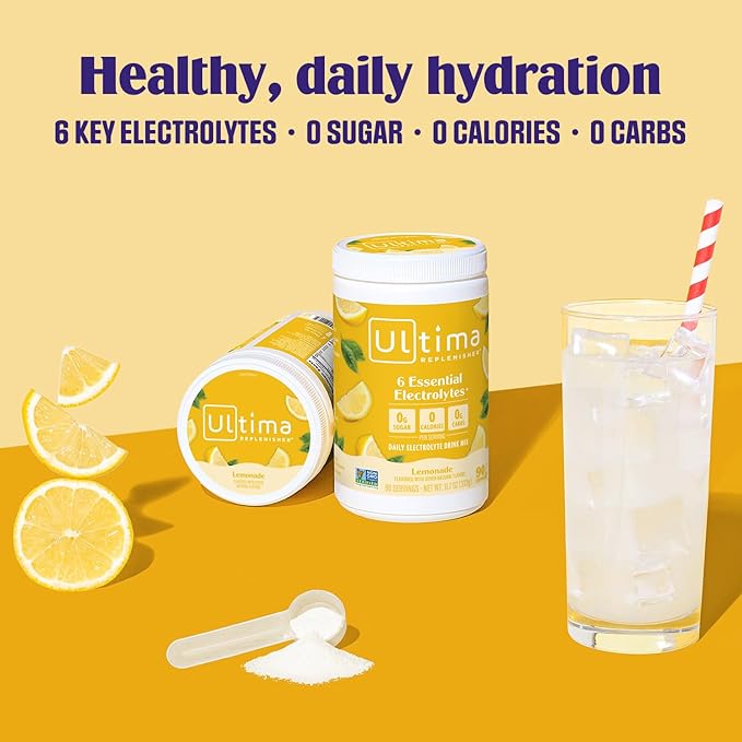 Ultima Replenisher Daily Electrolyte Powder Drink Mix ??Sugar Free ??Lemonade, 90 Servings ??Hydration Powder with 6 Key Electrolytes and Trace Minerals ??Keto Friendly, Vegan, Non-GMO