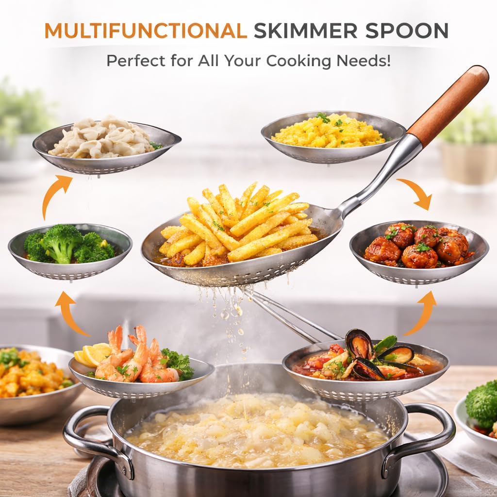 Stainless Steel Skimmer Spoon, Slotted Ladle Spider Strainer for Frying, Pasta and Cooking, Durable Kitchen Tool for Draining Oil and Water