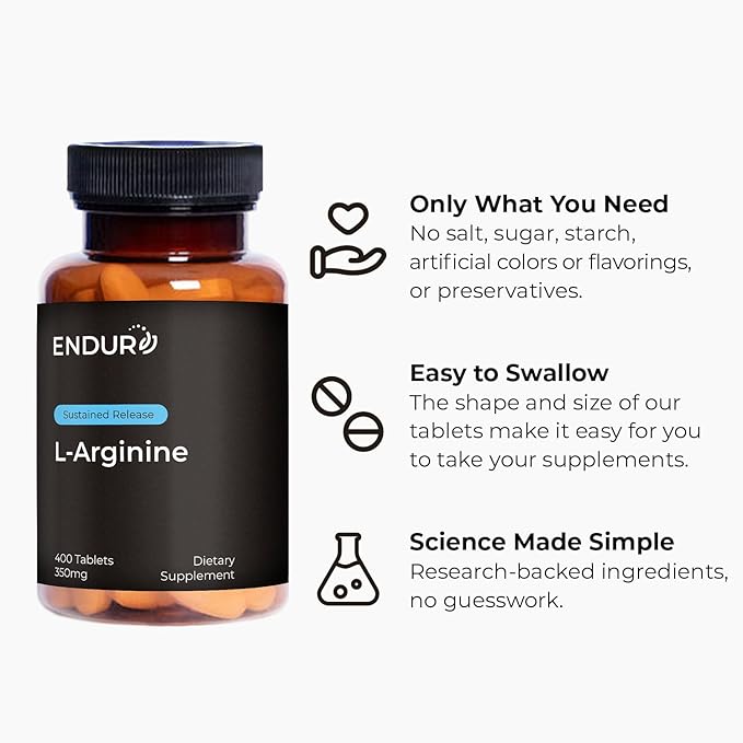 Endur L-Arginine, Healthy Blood Flow & Heart Function Supplement, Supports Exercise Performance & Immune Health, Gluten Free, 350mg (400 Tablets)