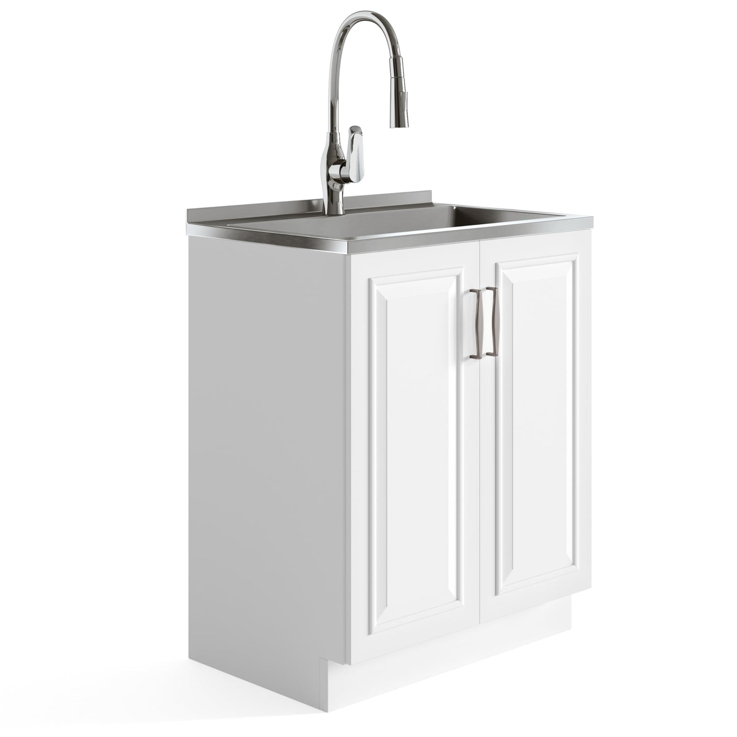 SIMPLIHOME Darwin All-in-One 28 inch Wide Utility Sink and Laundry Cabinet in Pure White Finish, Transitional Stainless Steel Sink Cabinet for Laundry Rooms with High-Arch Pull-Out Faucet and Storage