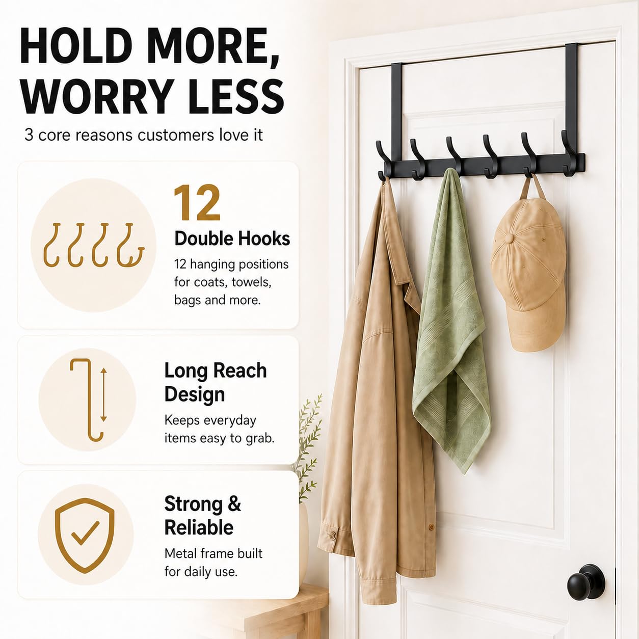 Peasulin 2 Pack Large Over The Door Hooks, Sturdy Door Hanger with 12 Hooks, Door Towel Rack for Bathroom, Bedroom, Kitchen, Coat Rack for Hanging, Easy to Install (Black)