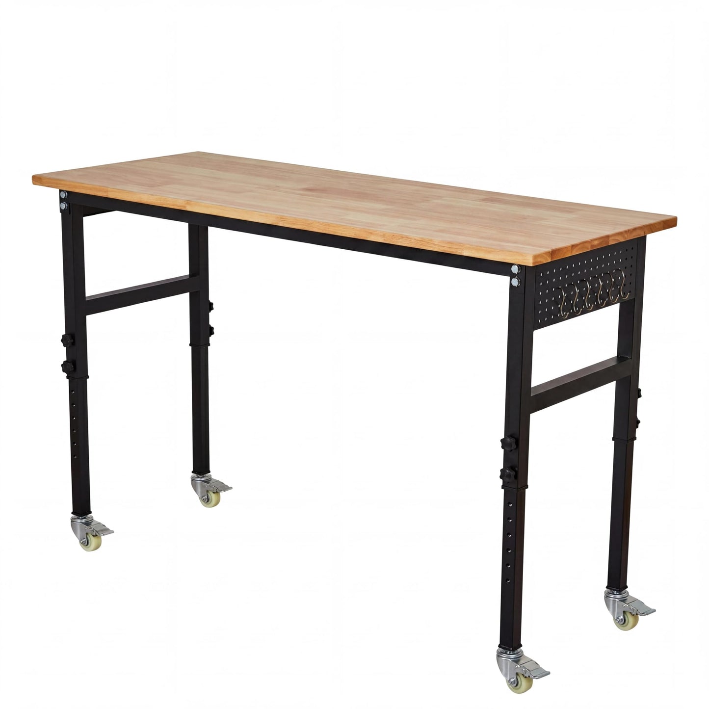 48" Height Adjustable Workbench, 2000 LBS Load Capacity Rubber Wood Top, Heavy Duty Workstation with Wheels, Hardwood Work Table for Garage Workshop Home Repair