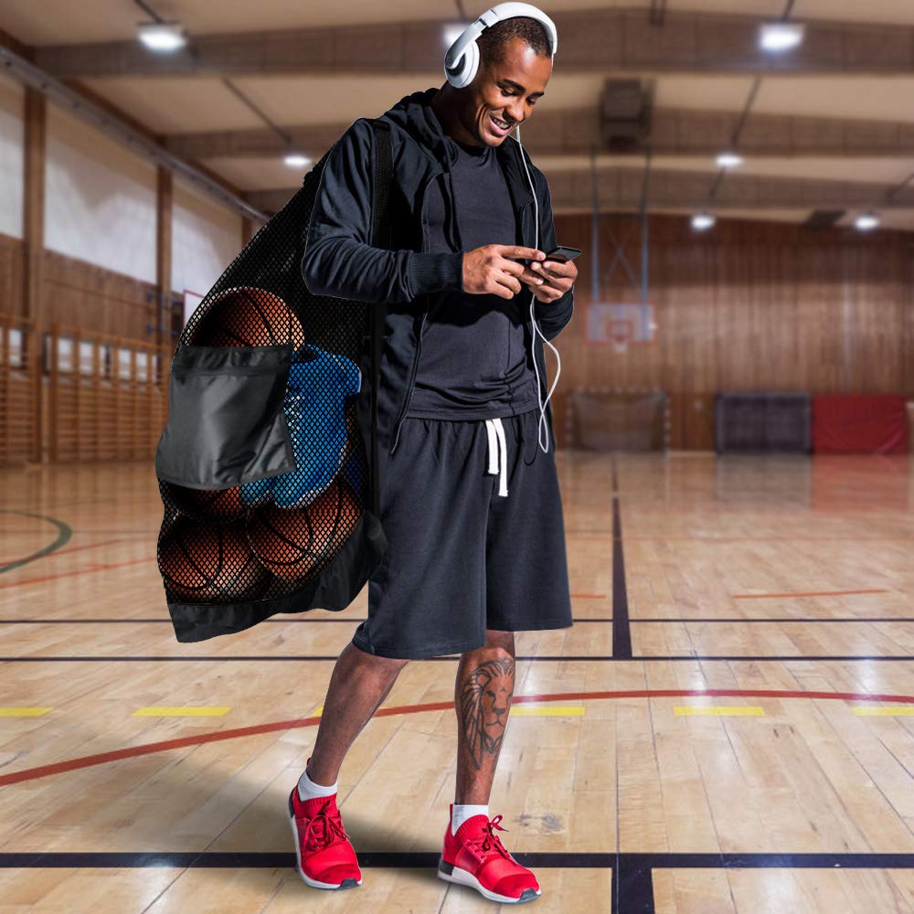 BROTOU Thickened Extra Large Sports Ball Bag Mesh Socce Ball Bag Heavy Duty Drawstring Bags Team Work for Holding Basketball, Volleyball, Baseball, Swimming Gear with Shoulder Strap (24” x 36”)