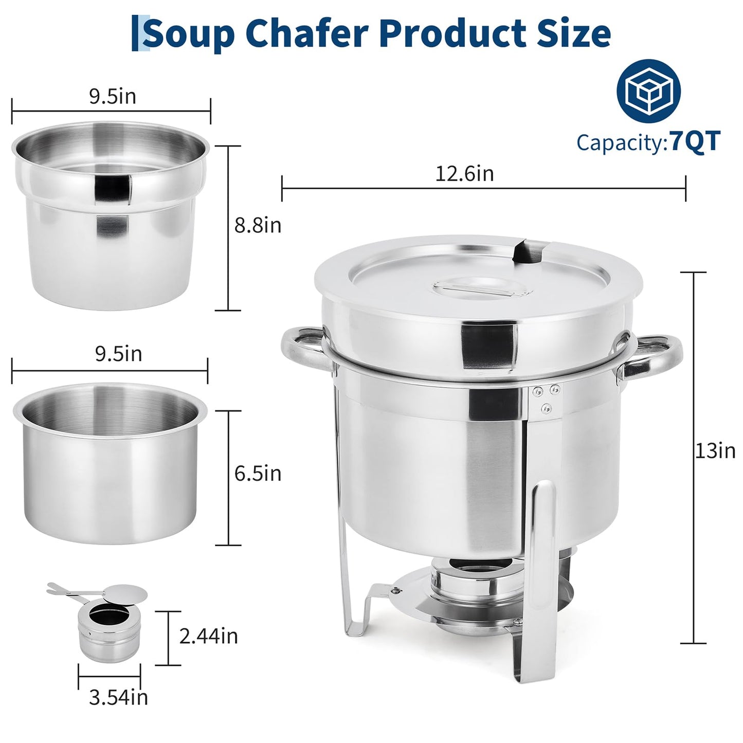 Commercial 7QT Soup Chafer Set, 4 Pack Stainless Steel Round Food Warmers Set with Pot, Notched Lids & Fuel Containers, Soup Warmers Ideal for Buffet Service & Event Catering
