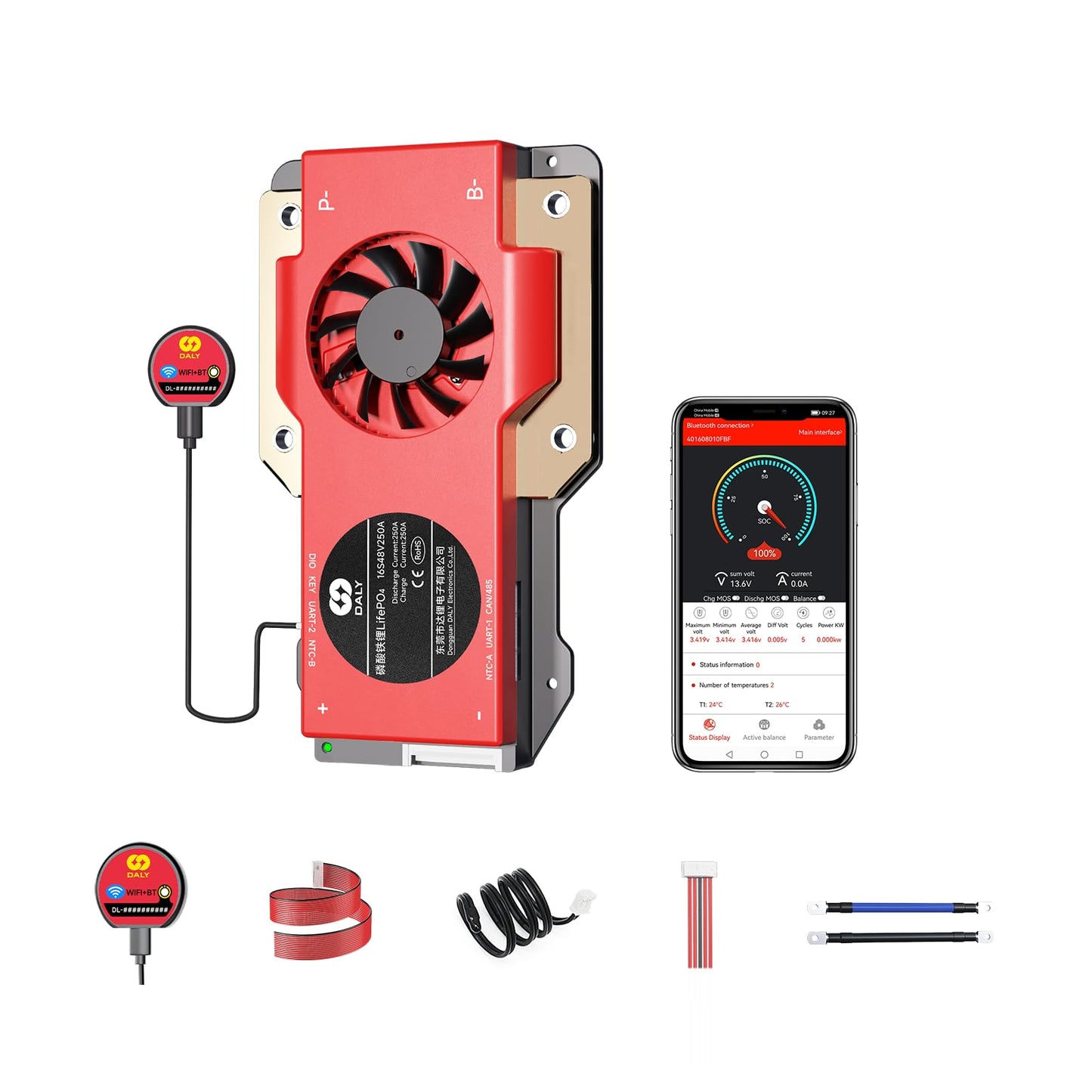 DALY BMS 16S 48V LiFePO4 250A Smart Protection Board with Bluetooth WiFi Monitoring RS485 CAN 48V Lithium Battery Management System for Golf Carts, Home Energy Storage, Marine Battery