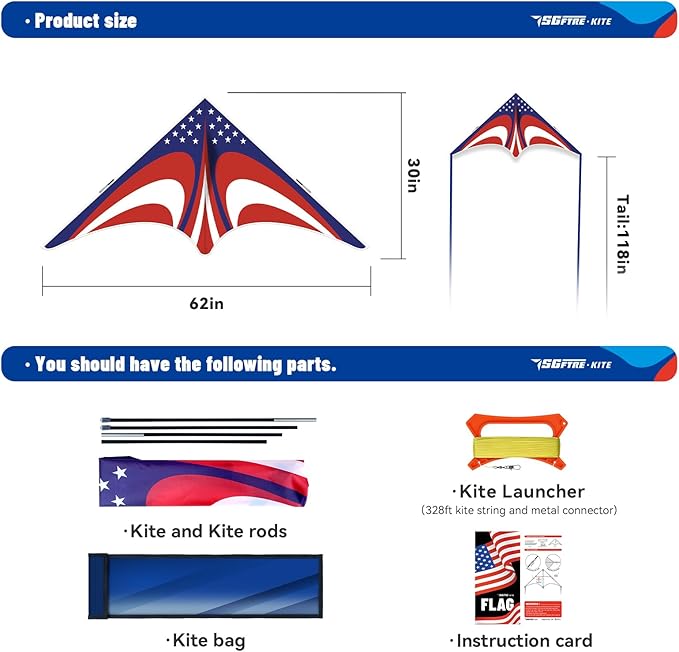 Delta American Flag Kite for Easy to Fly Beach Kite for Fun Family Activities, Kites for Adults and Kids Ages 8-12 (American Flag red Blue)