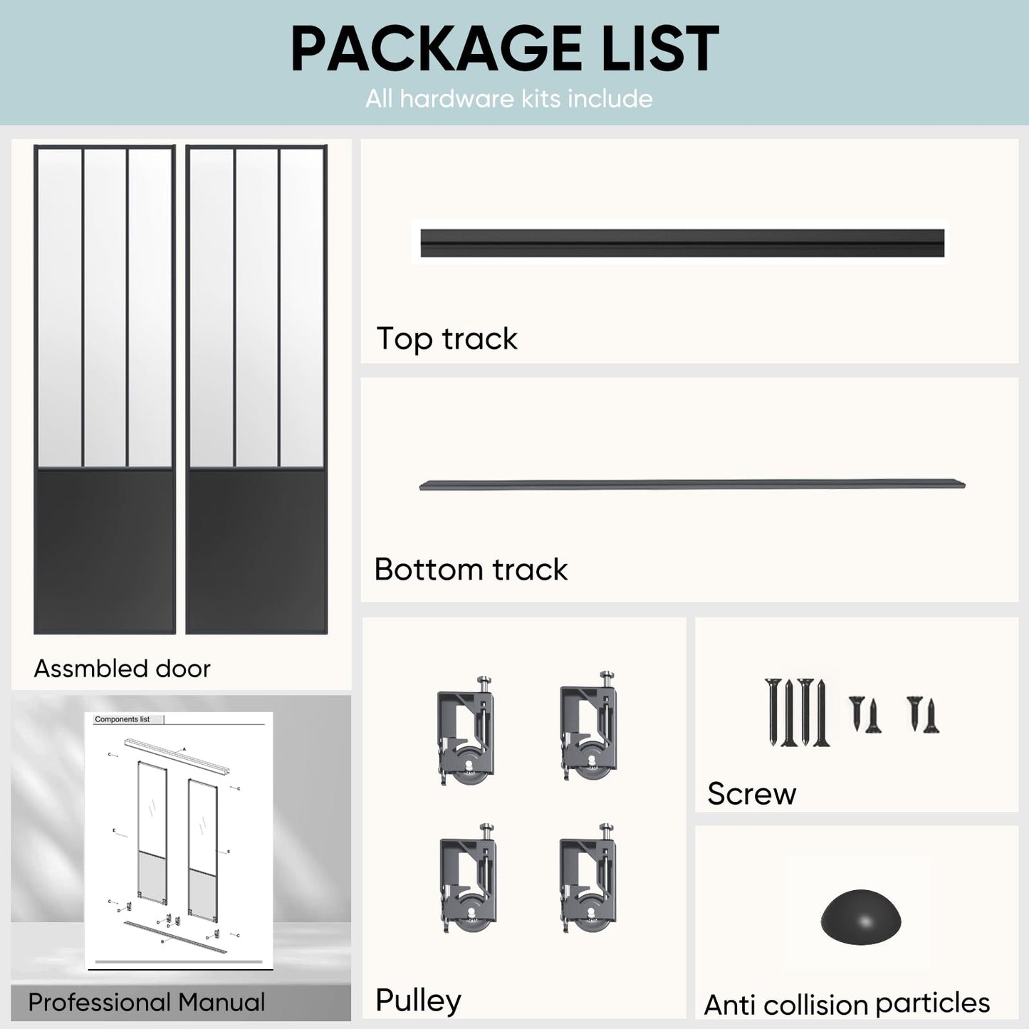 JUBEST Sliding Closet Door 48 x 80", Black Farmhouse Sliding Door with Top & Bottom Track Kits, Preassembled Frosted Glass Bypass Closet Door, Easy to Install