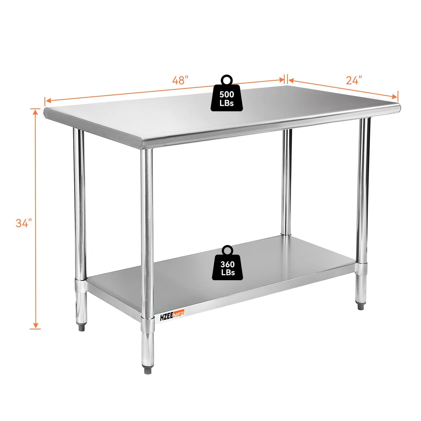 HZEEMFG Stainless Steel Table for Prep & Work 24x48 inches,4ft, Commercial Heavy Duty Table with Undershelf for Restaurant, Home,Hotel Kitchen, Laundry Room, Garage,Workshops
