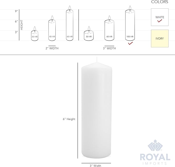 Royal Imports Pillar Candles White Unscented Premium Wax, 100 Hours Burning for Wedding, Spa, Party, Birthday, Holiday, Bath, Home Decor - 3"x9" Inch - Set of 6