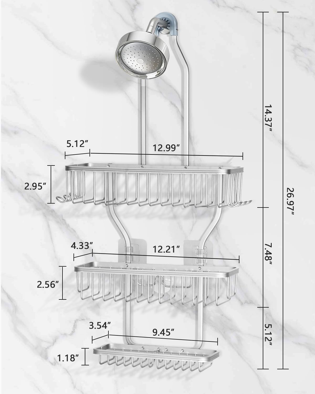 Regine Switzerland Shower Caddy - Rust-Free Aluminum Hanging Organizer with 6 Hooks for Razors & Sponges | Silver