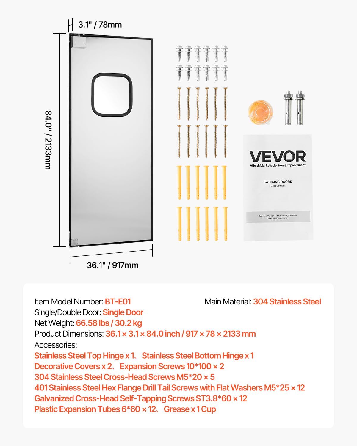 VEVOR Traffic Swing Door, Single Panel Fits Door Opening 36" W x 84" H, Stainless Steel Commercial Swinging Doors with Hardware & Accessories, Ideal for Residential Use, Durable & Easy to Install