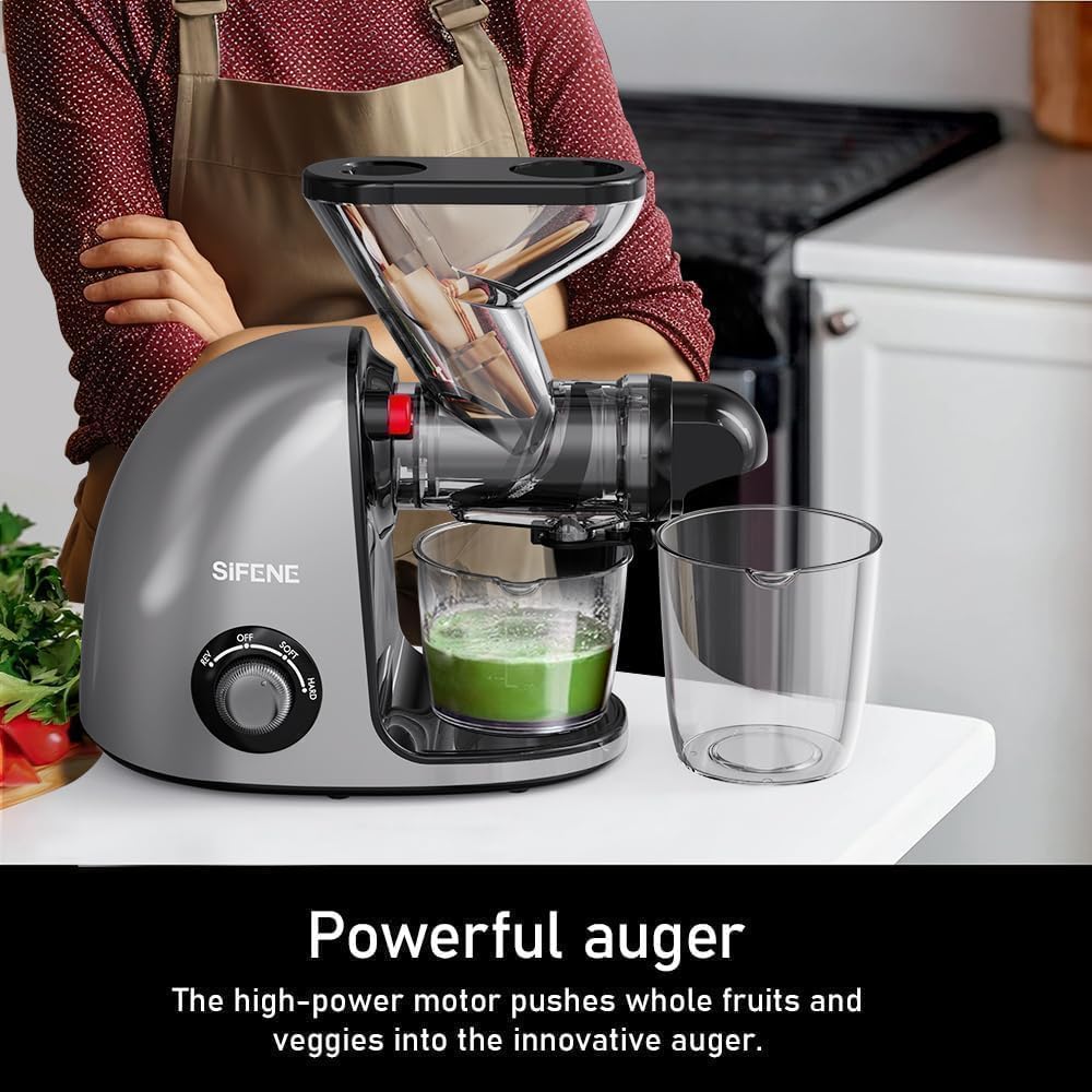 Cold Press Juicer, SiFENE Slow Masticating Juicer Machines for Fruit & Vegetable, Juice Yield Maker Extractor with Dual Mouth Quiet Motor & Anti-Clog System, Easy to Clean, Gray, JS3209
