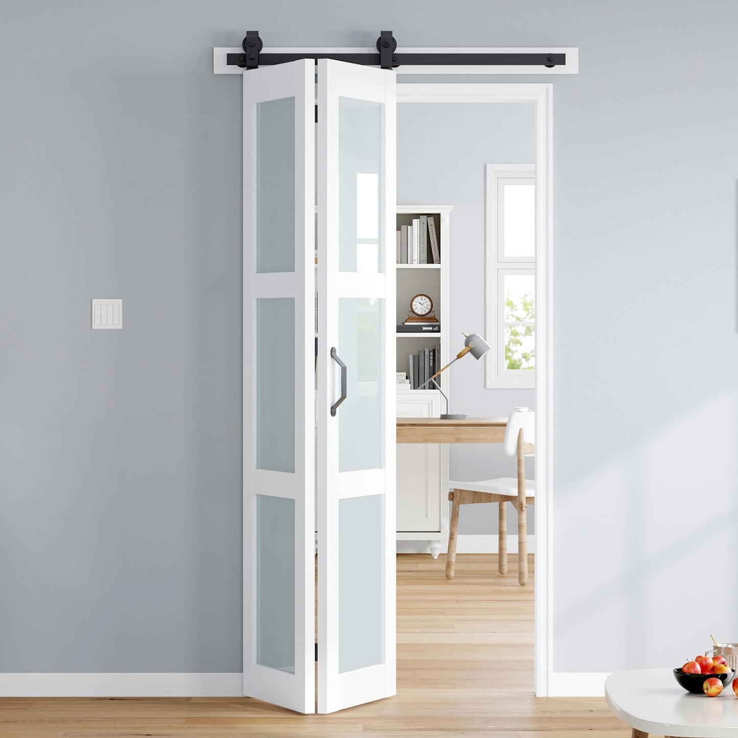 ROYMELO Bifold Barn Door 42x84 Inch (Double 21x84), White Frosted Glass Bifolding Doors with 46" Hardware Kit Included, Closet Sliding Wood Panel Slab, Save Space, Simple DIY Assembly