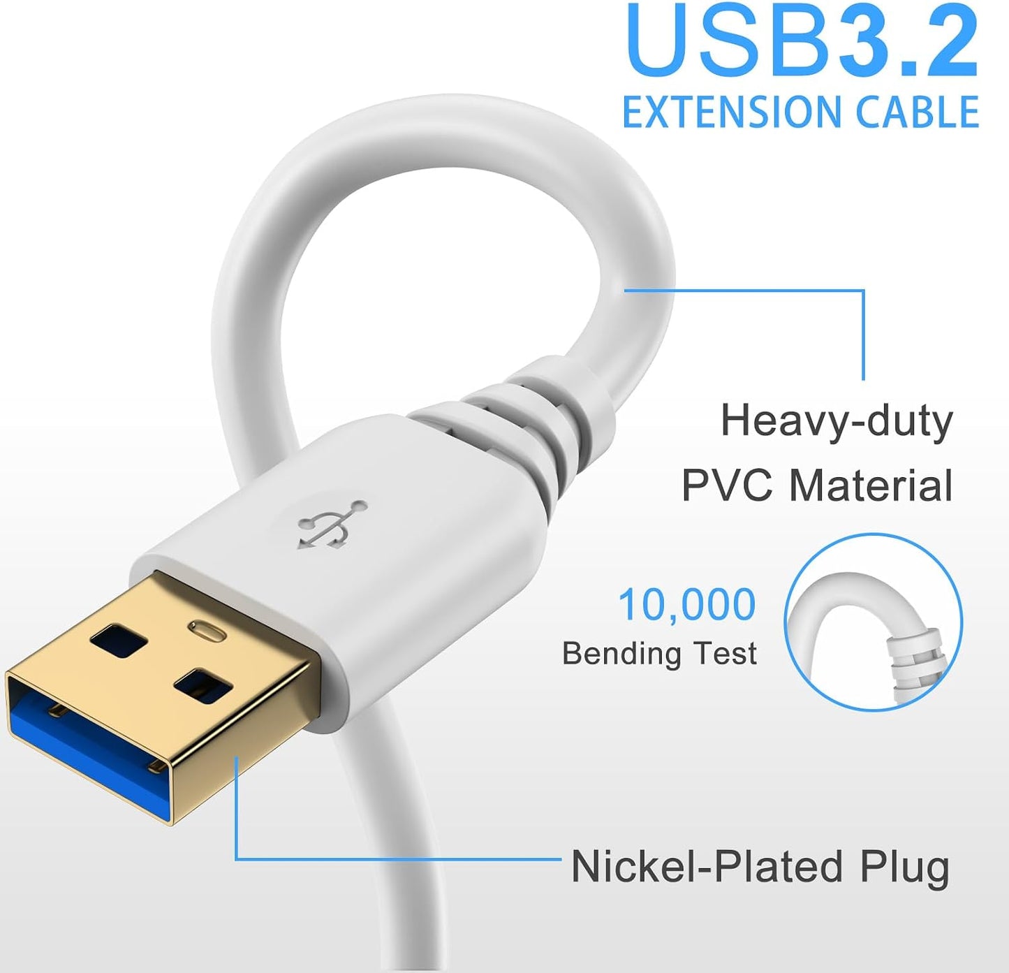 Cable,10FT Cable,5Gbps Mouse USB Extension USB A White Type A to Type A Extender Male to Female Extension Cable Hub