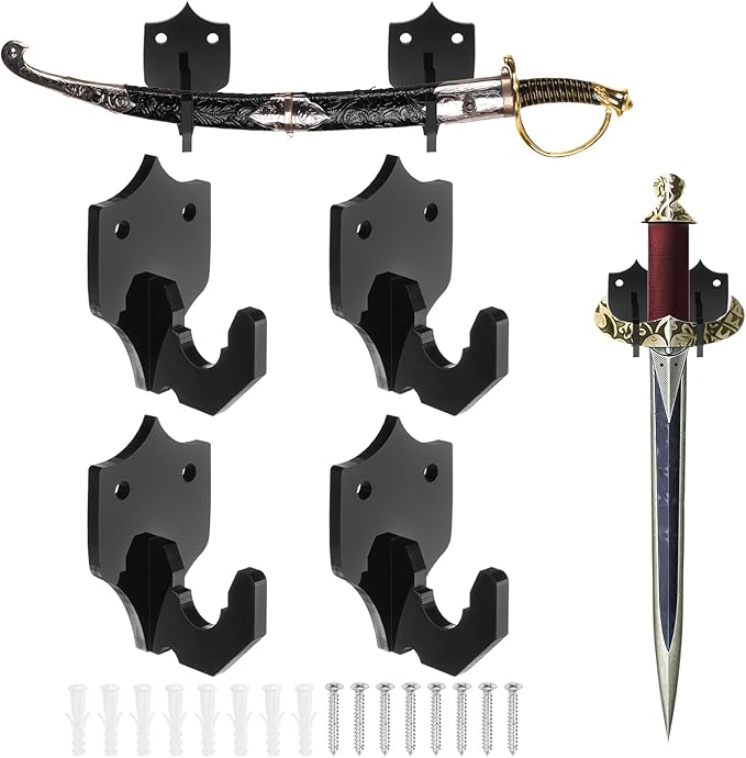 uxcell 4 Pcs Sword Holder Wall Mount Sword Racks Acrylic Wall Sword Display Hanger with Mounting Tools for Knife Martial Arts Sword Placement Display, Black(Shield)