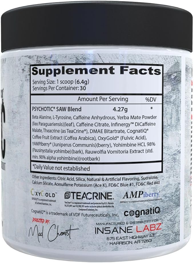 Insane Labz Psychotic Saw®, High Stim Pre Workout Powder with OxyGold­??and AMPiberry®, Extreme Lasting Energy with Teacrine®, Focus with CognitIQ® and Endurance with Beta Alanine, 30 Srvgs, Grape