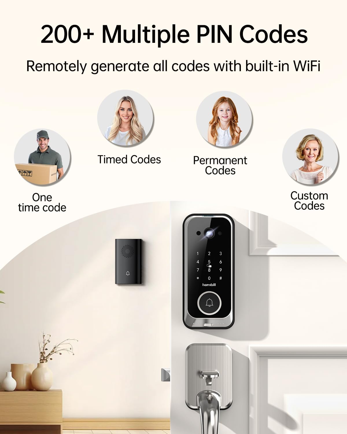 Hornbill Video Smart Lock with Camera: 10-in-1 Ring+2K Camera+Doorbell+Fingerprint Keyless Entry Door Lock, Built-in WiFi Deadbolt(only 2.4G), Two-Way Audio/App Remote Control/PIR, Satin Nickel