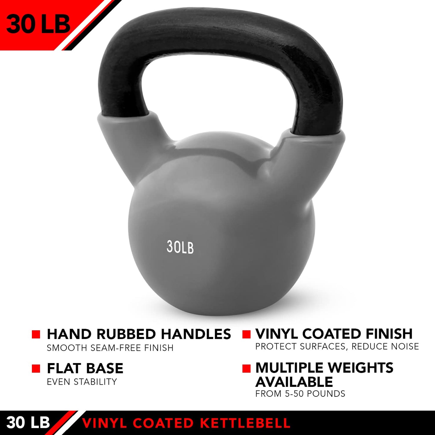 JFIT Vinyl-Coated Cast Iron Kettlebell Weight – Flat Bottom Kettlebell for Strength Training, Cross Training & Home Gym Workouts, 30LB-Gray