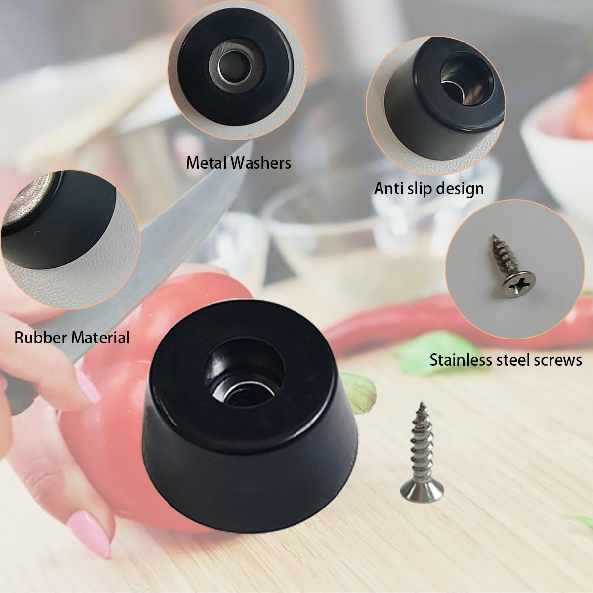 ZYYC 20 PCS Black Rubber Feet with Stainless Screws, Non Slip Rubber Bumper for Cutting Board (0.51" H x 1" D)