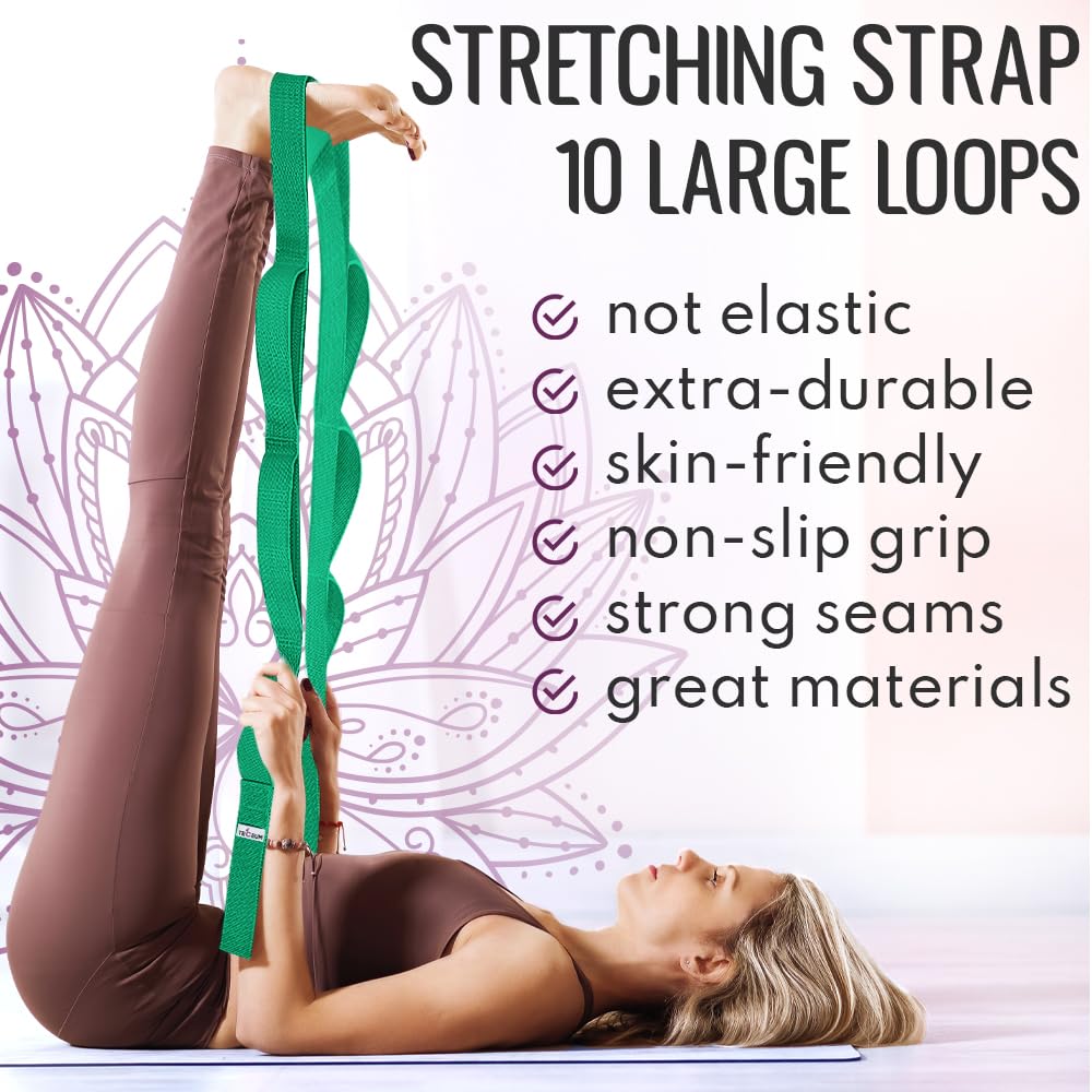 TECEUM Soft Cotton Stretching Strap for Sensitive Skin – Yoga Strap for Physical Therapy – 10 Loops Non-Elastic Stretch Band for Flexibility, Hamstring, Pilates & Rehab