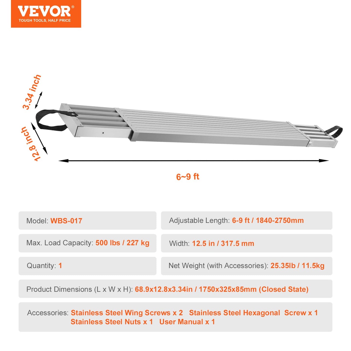 VEVOR Aluminum Telescoping Work Plank, 6-9FT, 500lbs Capacity, 12.5 inch Width, Scaffolding Plank with Skid-Proof Platform Scaffold Ladder Accessory