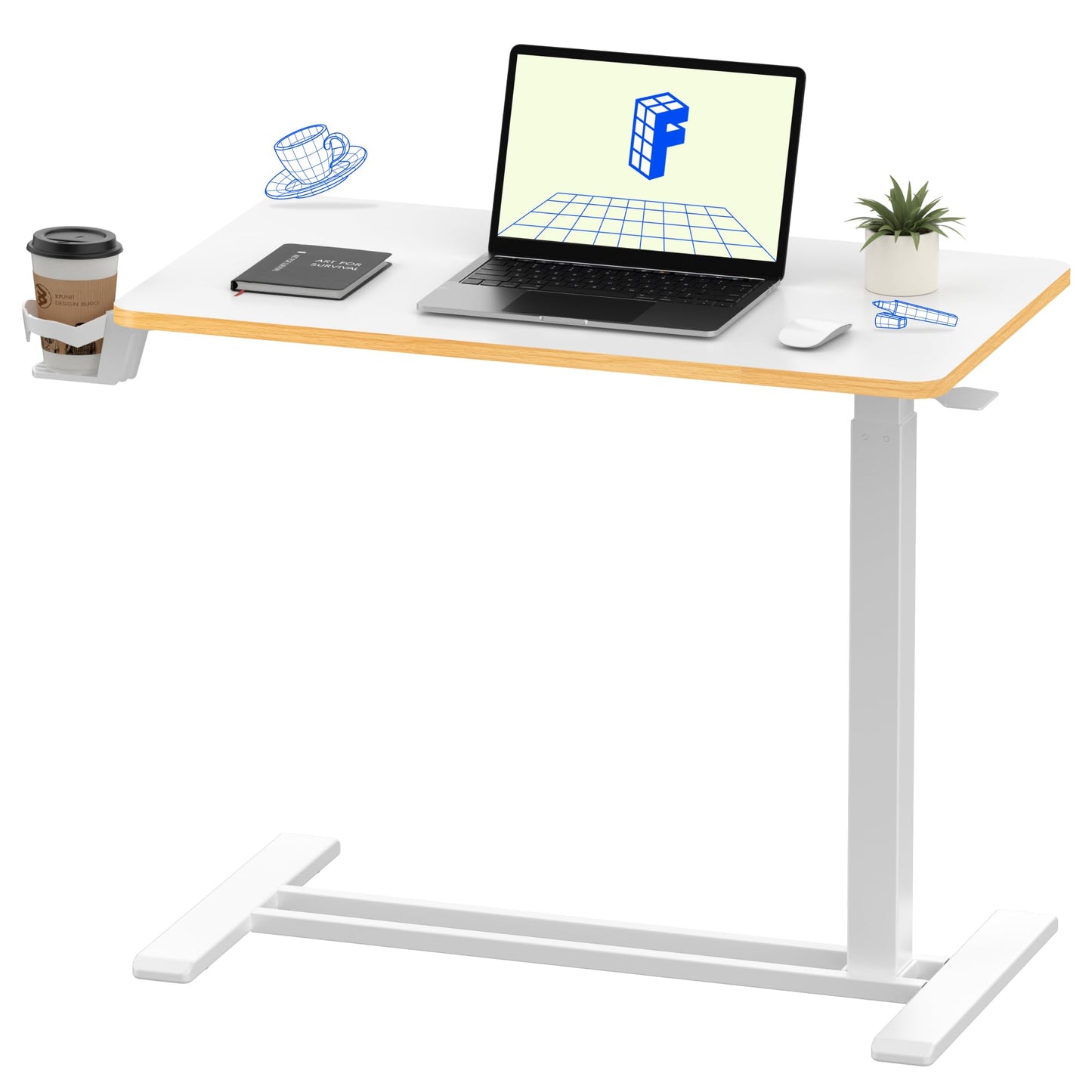 FLEXISPOT H7 Adjustable Overbed Bedside Table with Wheels Pneumatic Mobile Standing Laptop Desk Rolling Computer Cart Movable Overbed Table Hospital Home Use (31.5" W x 17.7" D, White Maple Large)