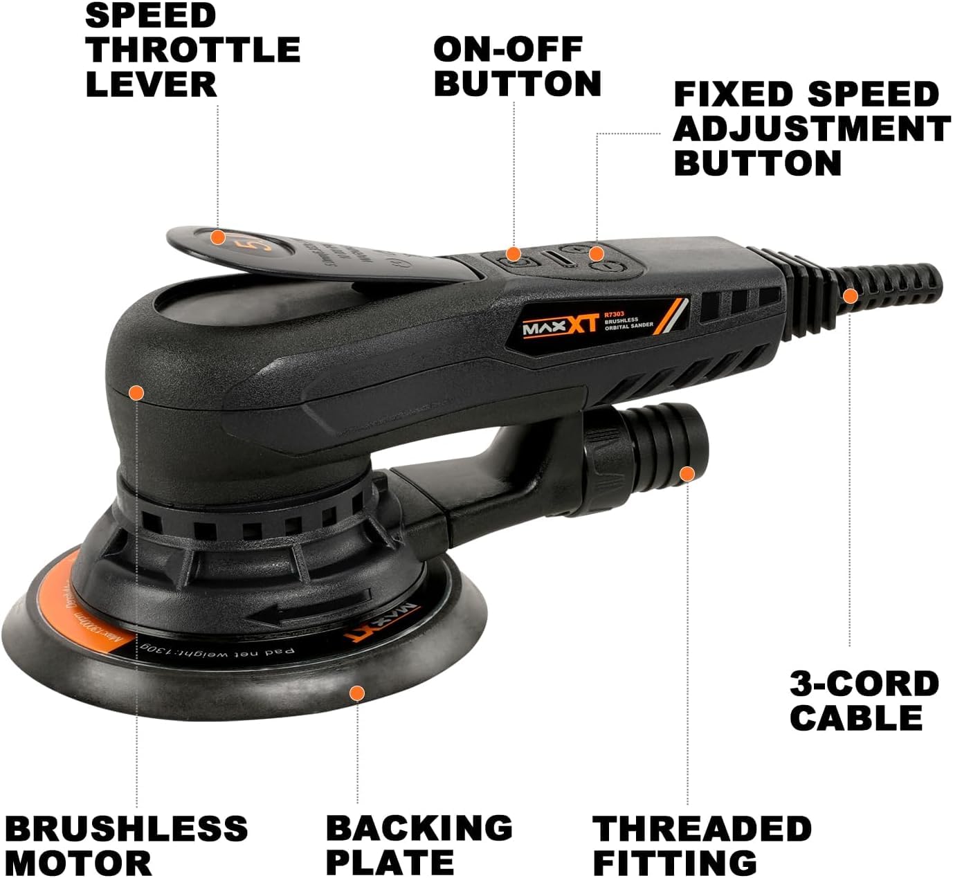 MAXXT Electric 5mm Random Orbital Sander, Brushless 350W 3A Palm Sander, Multi-function Variable Speed Electric Corded Orbital Sanders Machine with 6Inch Sanding Pad, 10 Sanding Papers for Woodworking