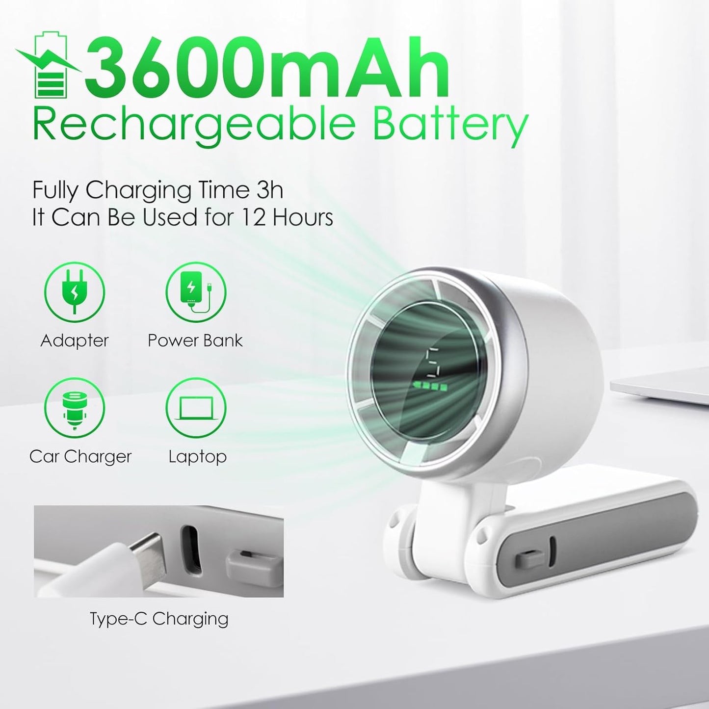 Skiennix Portable Handheld Mini Turbo Fan - USB Rechargeable 5-Speed Neck Fan | 3600mAh Battery, 12-Hour Runtime
