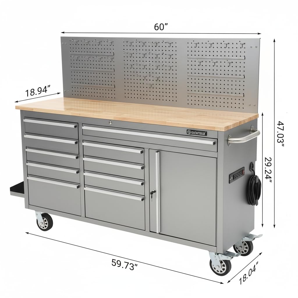 Garvee 61-inch Rolling Tool Chest, 10 Drawers Garage Workbench Storage Tool Cabinet with Power Strip, Solid Rubber Wood Top, 1675 LBS Load Mobile Workstation, Heavy Duty Rolling Cabinet