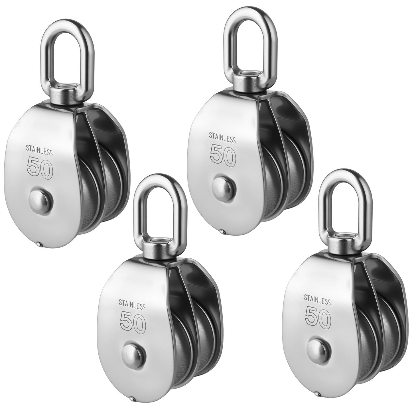 Rocaris 4 Pcs M50 Lifting Double Pulley Block 304 Stainless Steel Crane Swivel Hook Double Pulley Roller Loading