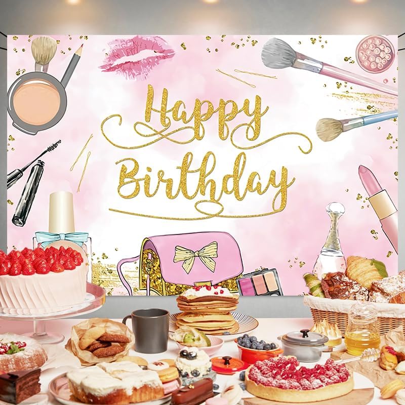 Generic 16th Makeup Spa Happy Birthday Backdrop for Girls Women Princess Pink Make Up Photography Background Sweet