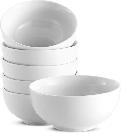 KooK Ceramic Cereal Bowls - Microwave & Dishwasher Safe Porcelain Dishes | Set of 6, 24 oz, Marshmallow White