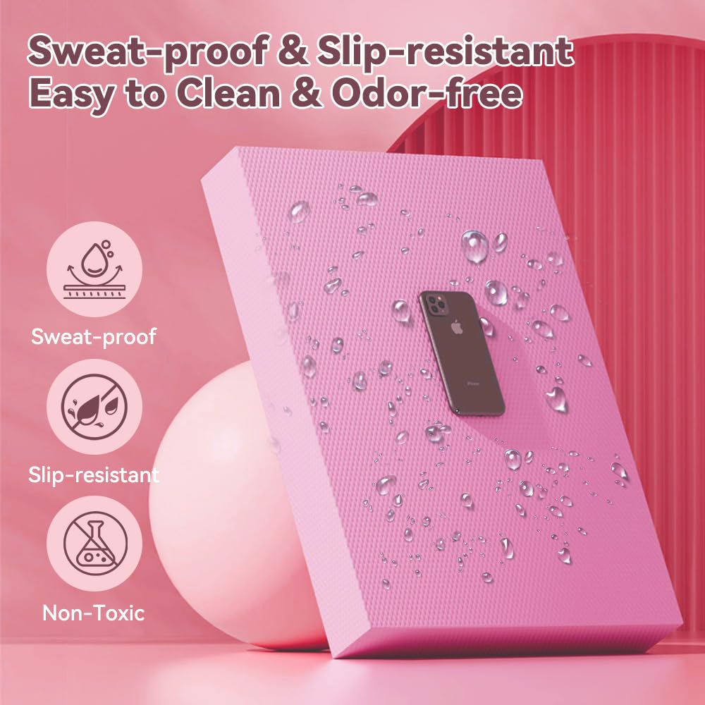 Pulgati Extra Large Yoga Exercise Balance Pad - Thick Non-Slip Stability Cushion for Pilates and Exercise - High Density Foam Trainer for Core Strength Home Gym - Bonus: 10-Position Resistance Band! (Pink, Extra Large)