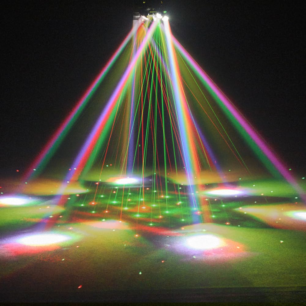 Moving Head DJ Lights, Rualin 150W LED Stage Light 4 in 1 with RGBW 6 Arms Beam, Bee-Eye Light, Red Green Starry and White Amber Strobe, Remote & DMX Control for Disco Club Party DJ Stage Lighting