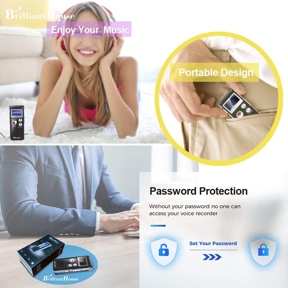 BrilliantHouse 16GB 1536KBPS MP3 Digital Voice Recorder Voice Activated Recorder with Playback Upgraded Portable Tape