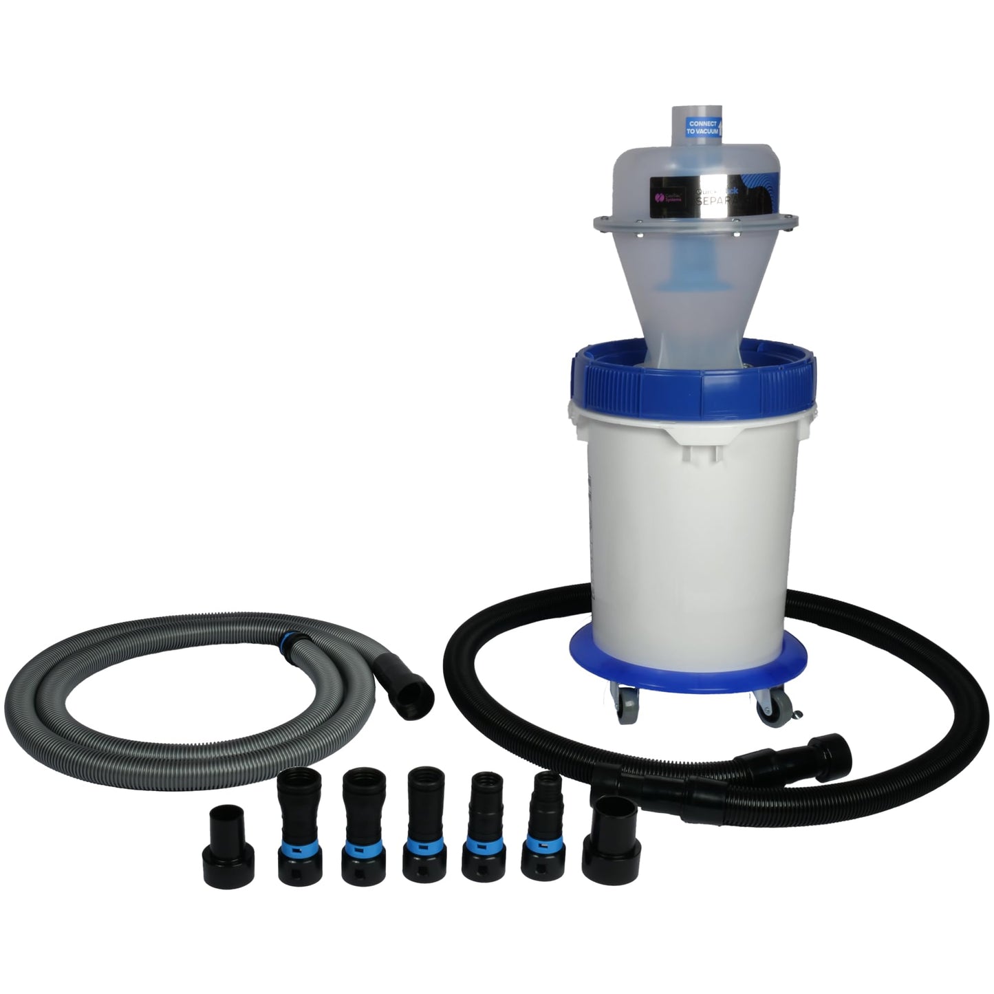 Cen-Tec Systems Assembled Quick Click Dust Separator and 5 Gallon Locking Collection Bin with Caster Dolly and Power Tool Adapter Set with 10 Ft. Hose
