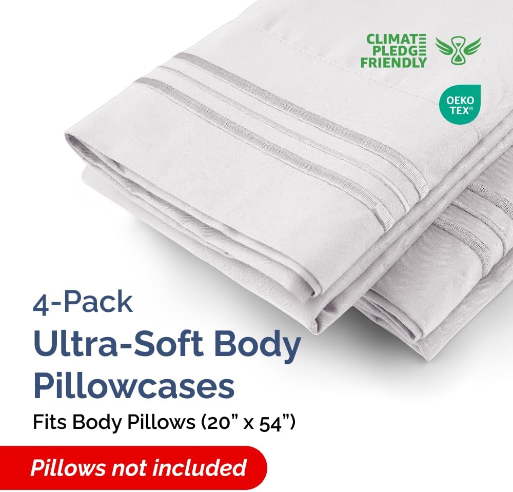 Skiennix Body Pillowcases Set of 4 | Soft, Breathable 20x54 Long Pillow Covers - Fade-Free & Machine Washable - French Grey