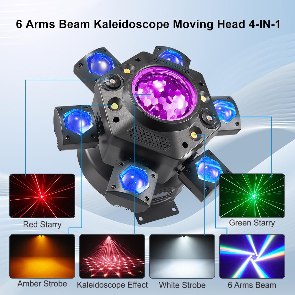 Moving Head DJ Lights, Rualin 120W Stage Light 4 in 1 with RGBW 6 Arms Beam, Kaleidoscope Light, Red Green Starry and White Amber Strobe, Remote & DMX Control for Disco Club Party DJ Stage Lighting