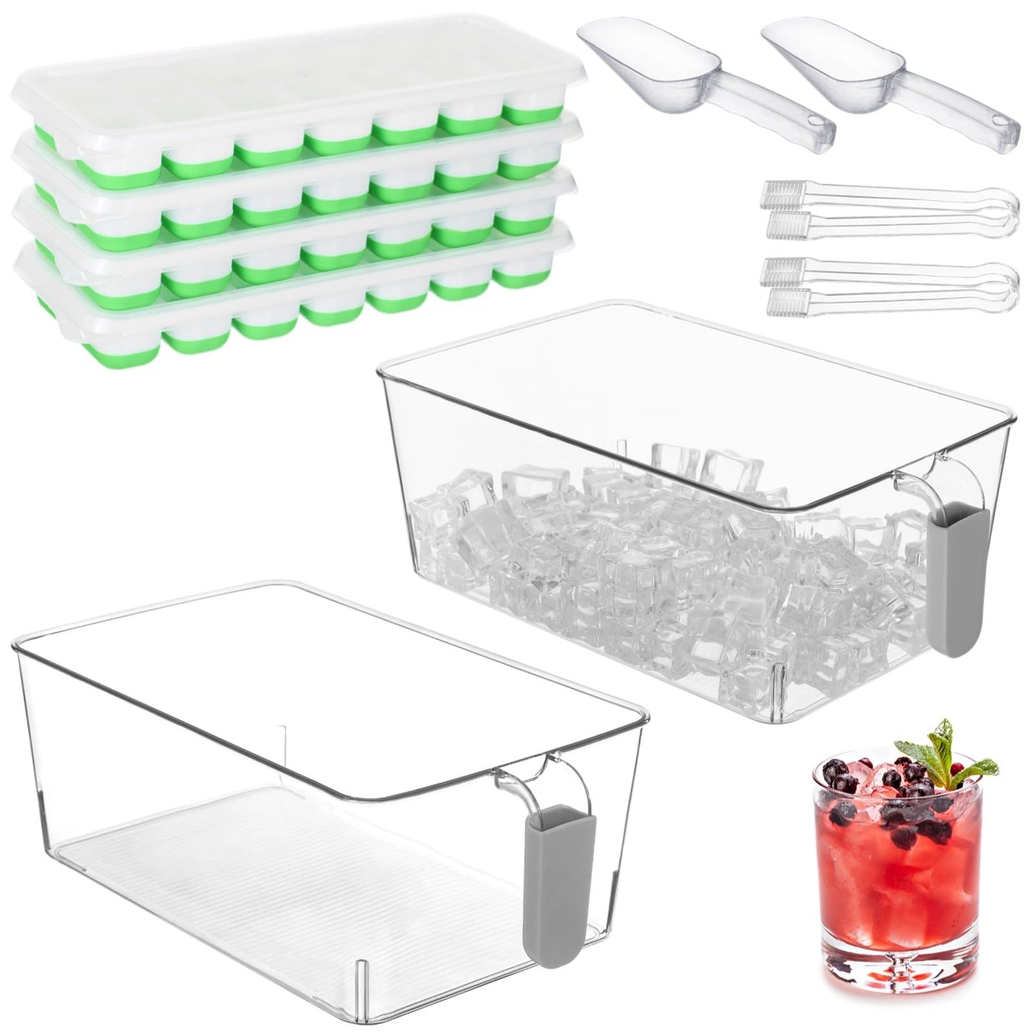 Freezer Ice Bin Set, 2 Pcs Ice Bin with Scoop and Tong, Ice Tray, Clear Ice Bucket with Pull-out Handle for Freezer, Clear Plastic Ice Container for DIY Drink Summer Party, 12.2 x 6.9 x 4.3 in